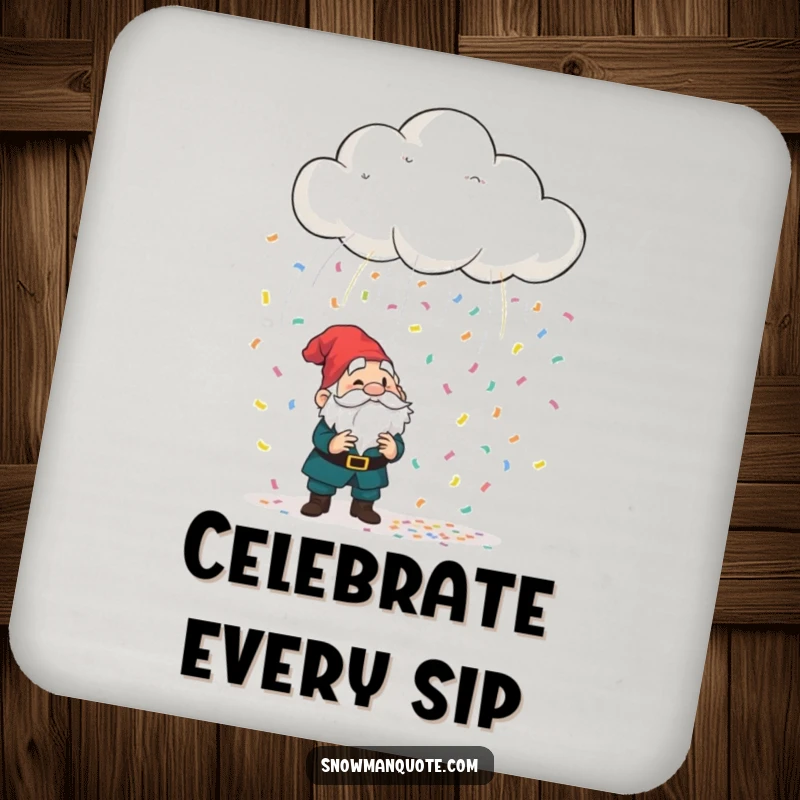 Funny playful cloud raining colorful confetti onto a bewildered garden gnome, a set of coasters offering humorous and whimsical table protection.