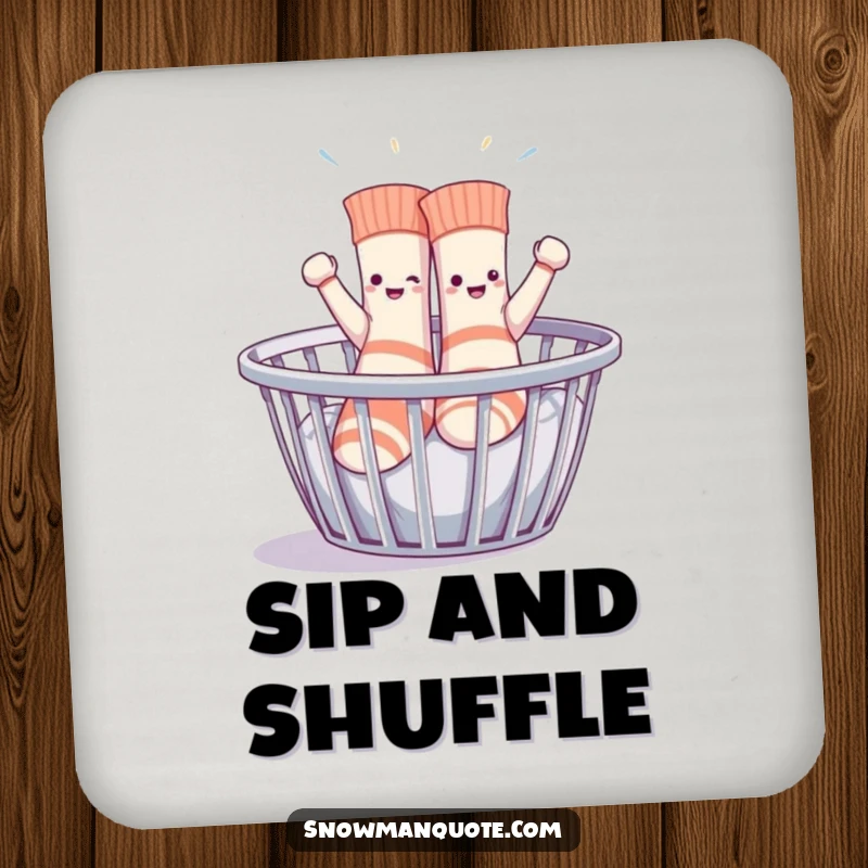 Funny sentient socks enthusiastically dancing in a laundry basket, a set of coasters offering humorous and playful table protection.
