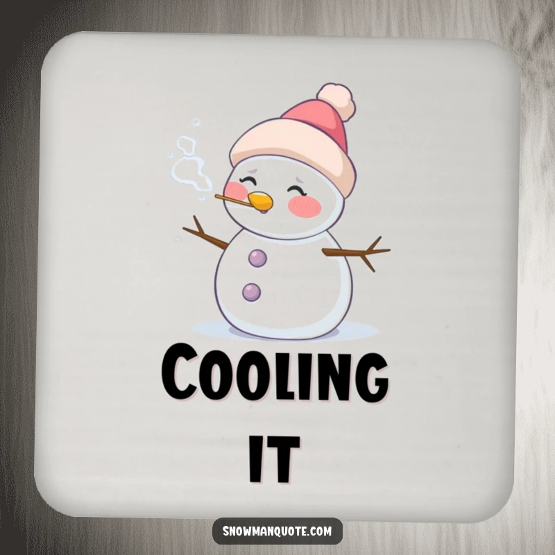 Funny coasters showcasing a snowman with rosy cheeks blowing frosty air, protecting furniture with winter charm.