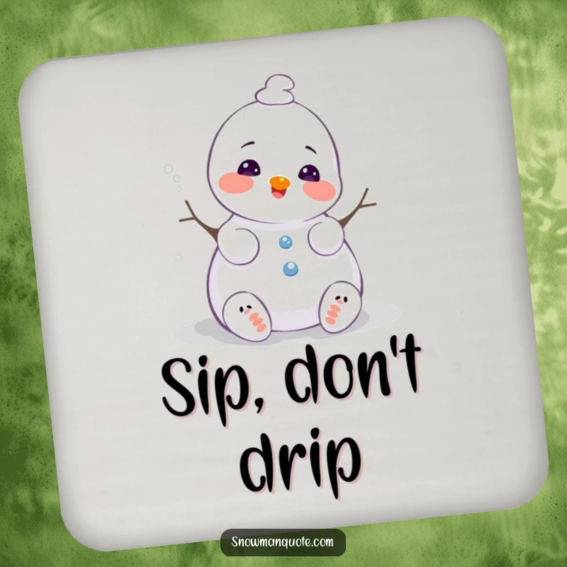 Funny snowman drink coaster, melting slightly with a happy sigh, protecting tabletops with whimsical winter charm, a small but fun gift.