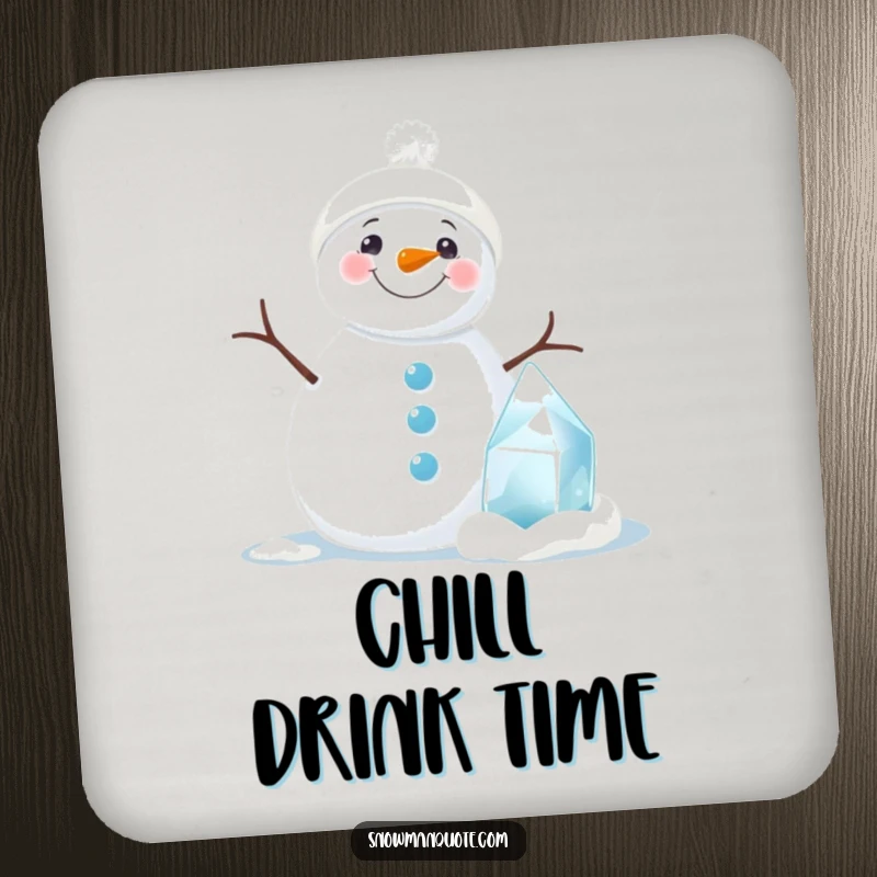 Funny snowman drink coaster with a cheerful snowman and a miniature ice sculpture, protecting surfaces from moisture.
