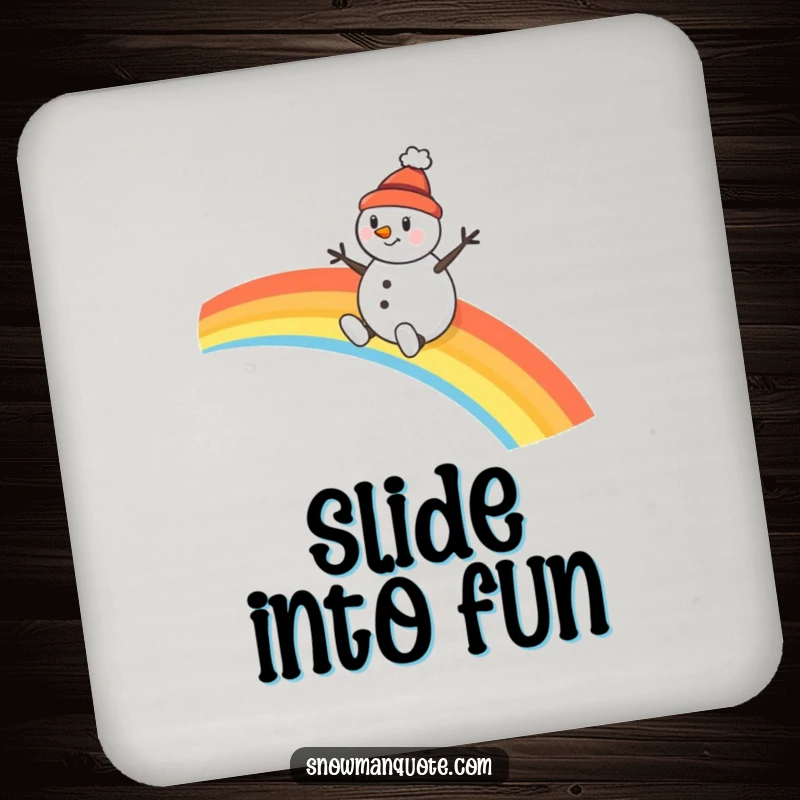 Funny snowman coaster, a cheerful character sliding down a rainbow, providing humorous surface protection.