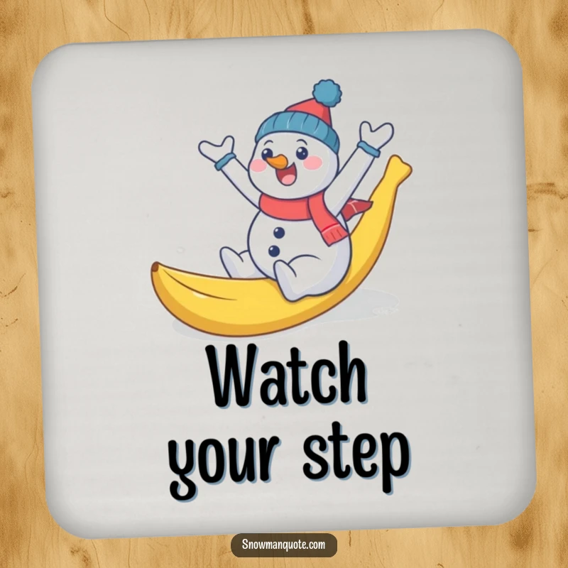 Funny snowman comically slipping on a banana peel, arms flailing, a set of coasters offering humorous protection for drink surfaces.