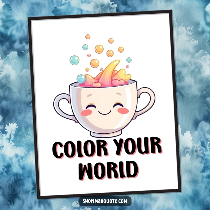 Funny poster showcasing a smiling teacup dramatically overflowing with colorful, bubbly rainbow liquid, adding artistic humor.