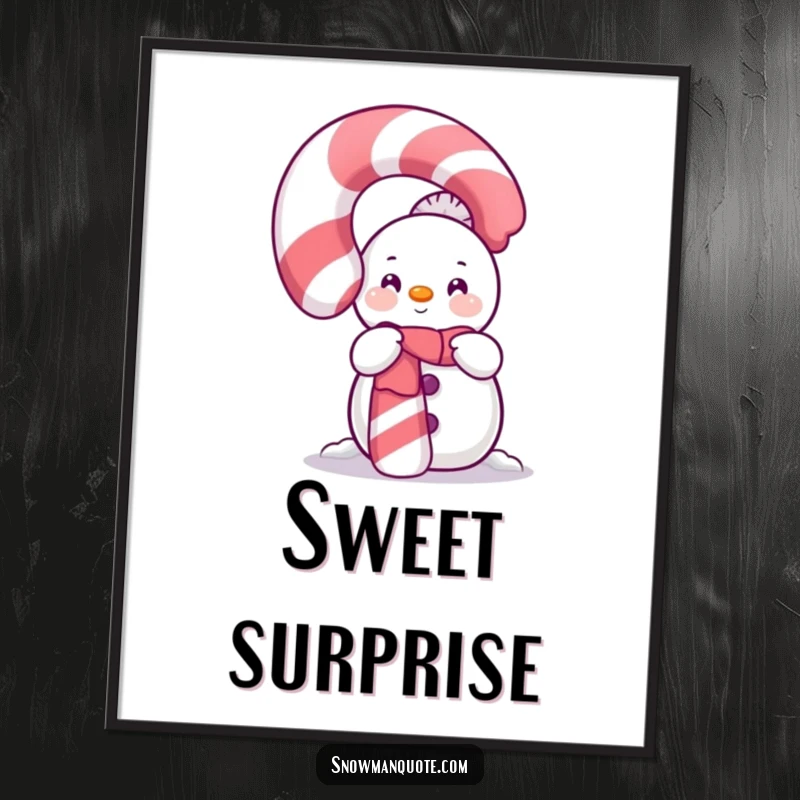 Funny Shy Snowman Candy Cane Poster showing a bashful snowman peeking out from behind a large, sparkling candy cane.
