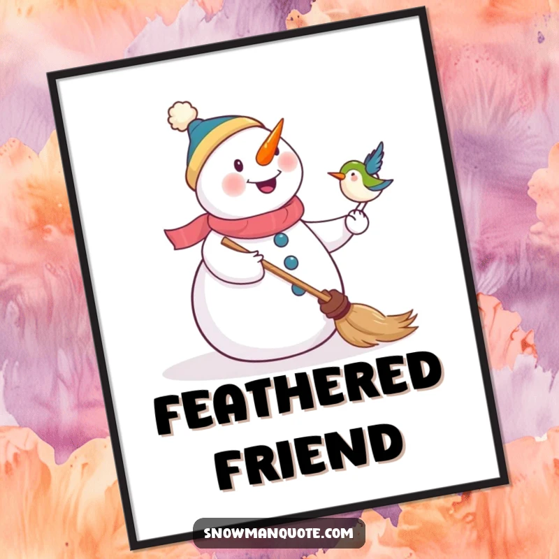 Funny poster artwork of a snowman beaming as a bird lands on its broom, a delightful and humorous winter illustration.
