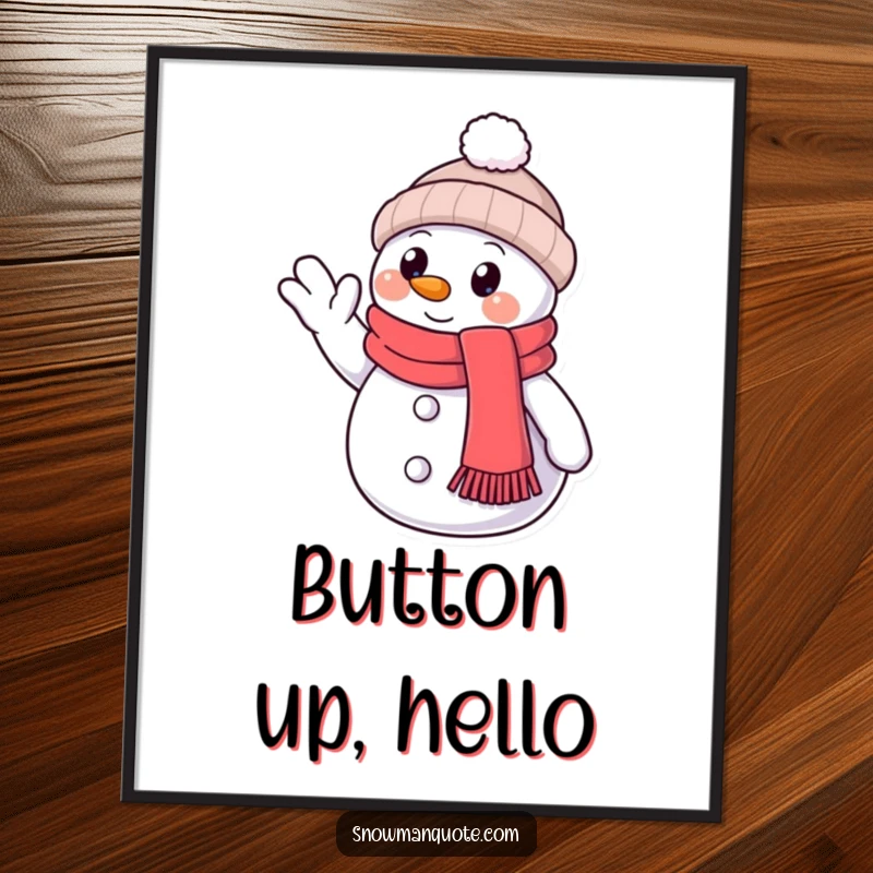Funny Poster: A cheerful snowman in a scarf extends a friendly wave, its single button eye conveying a warm greeting.