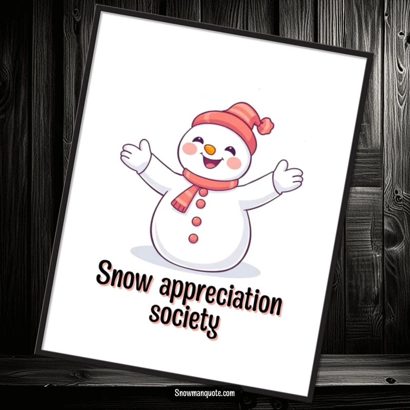 Funny snowman with open arms joyfully embracing a cascade of snowflakes, a charming and humorous piece of winter wall art.