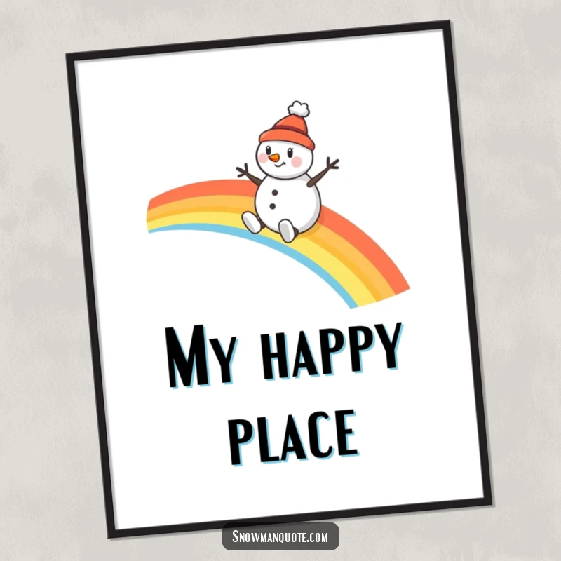 Funny snowman poster, a cheerful character in a tiny hat sliding down a vivid rainbow, bringing whimsical energy to decor.