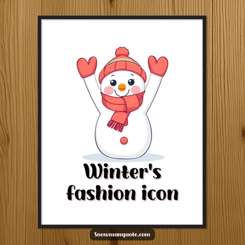 Funny wall art poster of a joyous snowman holding a vibrant scarf, perfect for adding cheerful decor.