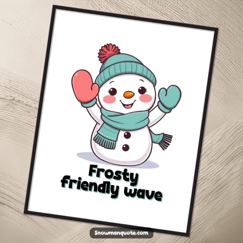 Funny snowman waving poster, wearing a scarf, cheerfully extending a mitten, creating a warm winter scene, perfect gift.