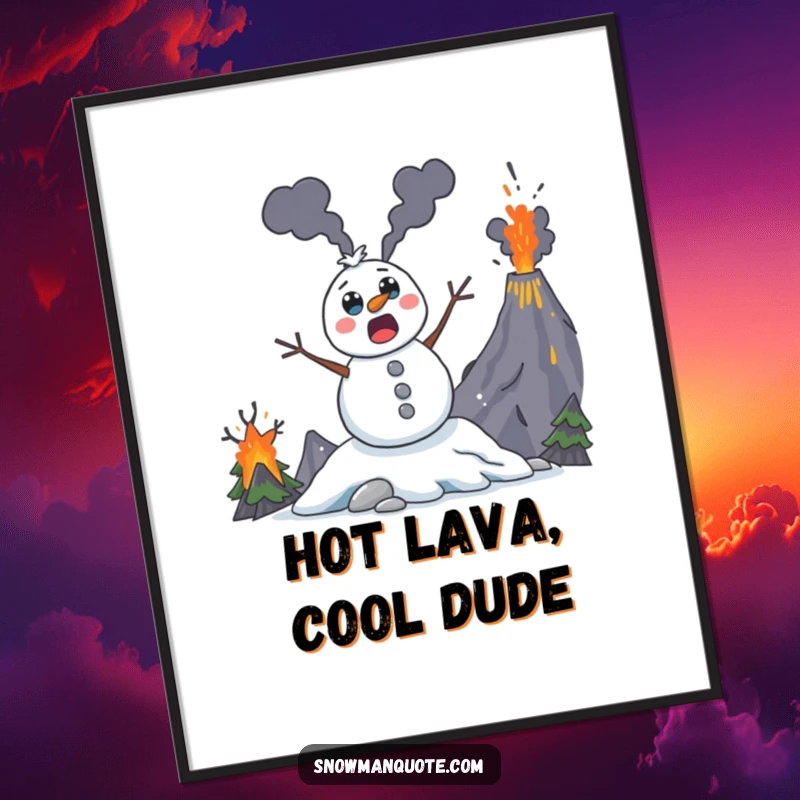 Funny snowman poster, featuring a surprised character with wide eyes leaping from an erupting volcano, dramatic humor.