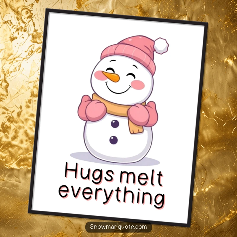 Funny smiling snowman offering a comforting hug with his gloved arms, creating a heartwarming and humorous wall art piece.