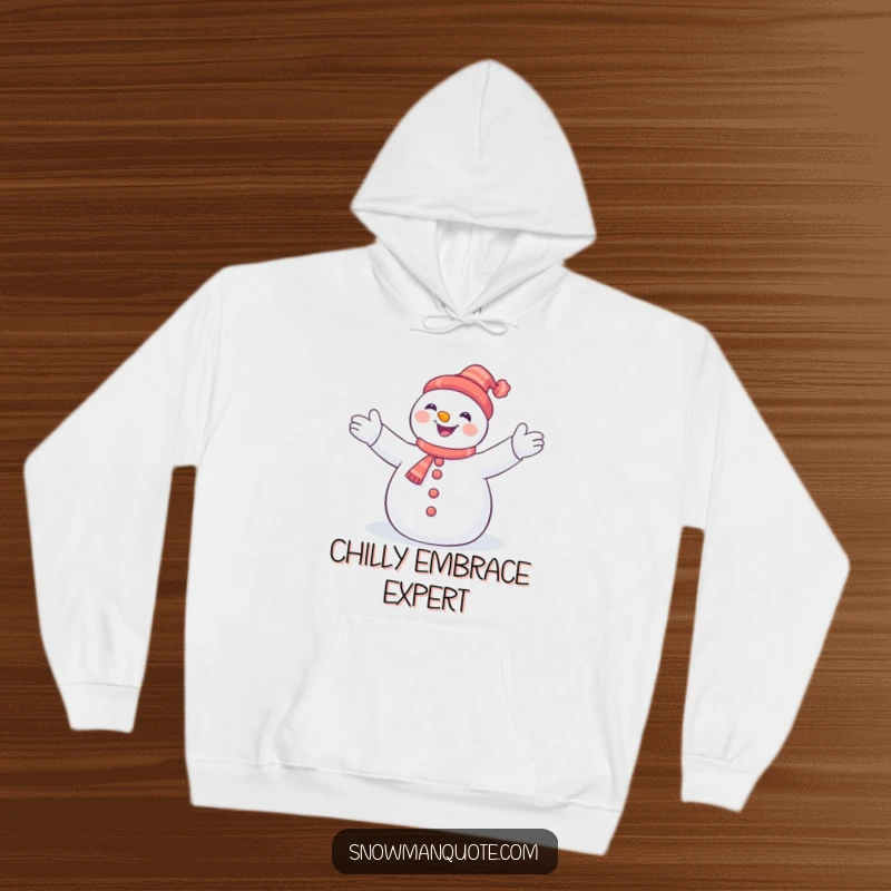Funny snowman with extended arms joyfully embracing a flurry of snowflakes, printed on a soft and warm hooded sweatshirt.