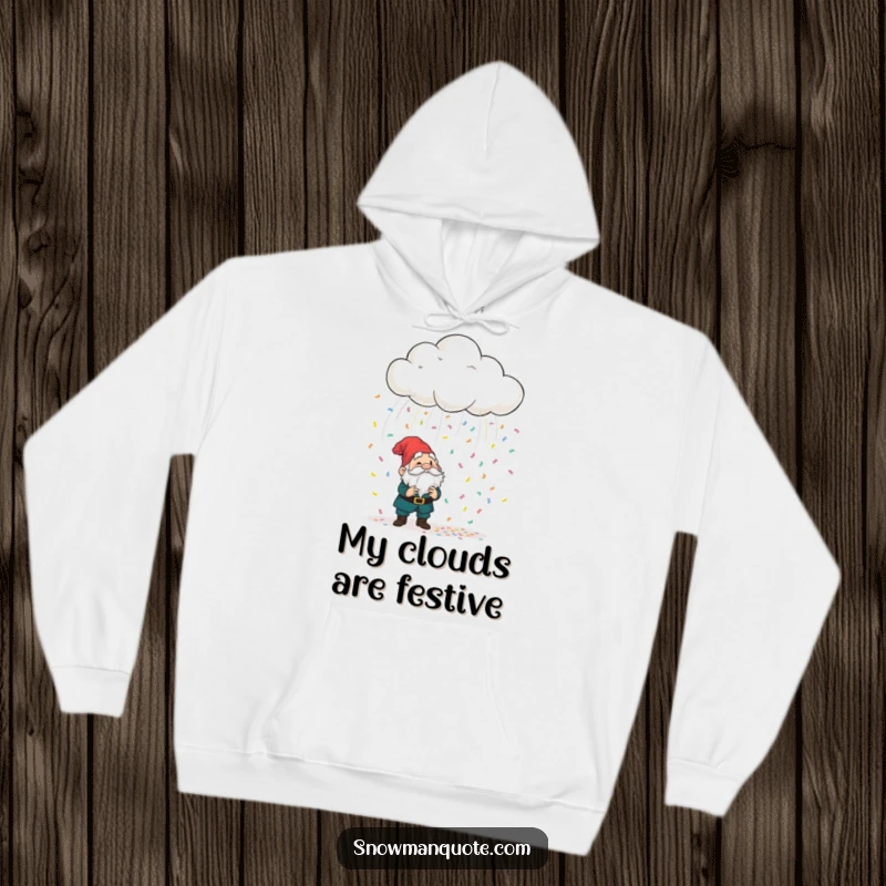 Funny playful cloud raining colorful confetti onto a bewildered garden gnome, a cozy hoodie perfect for embracing whimsical moments.