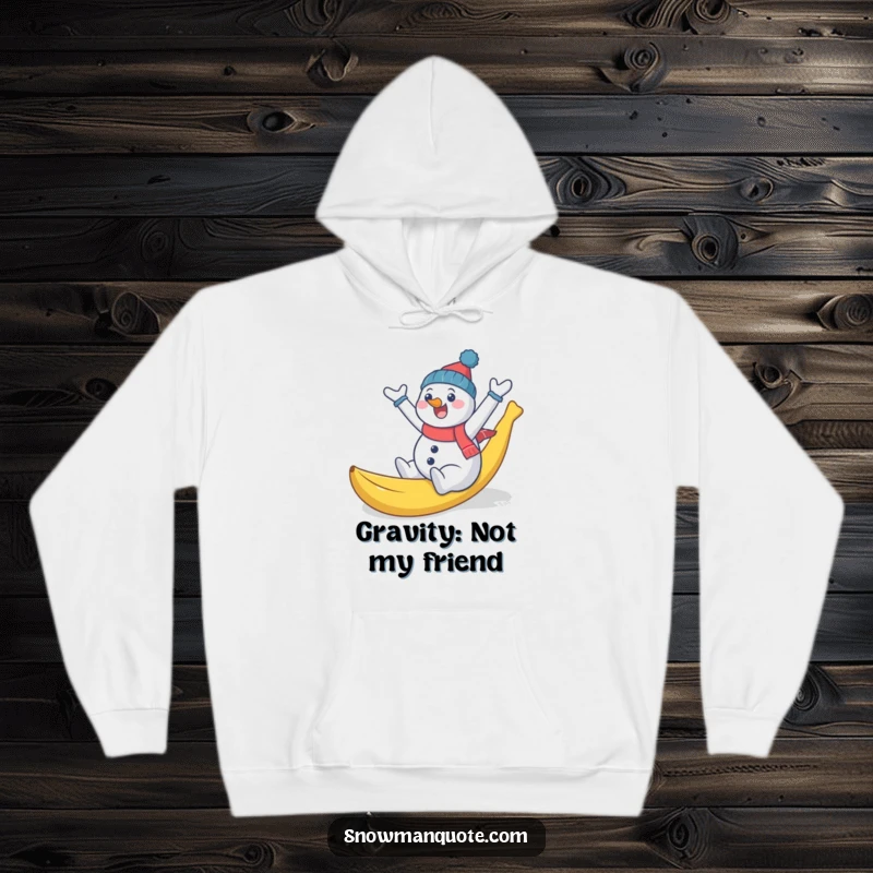 Funny snowman comically slipping on a banana peel, arms flailing, a warm hoodie capturing a hilarious winter moment of pure chaos.
