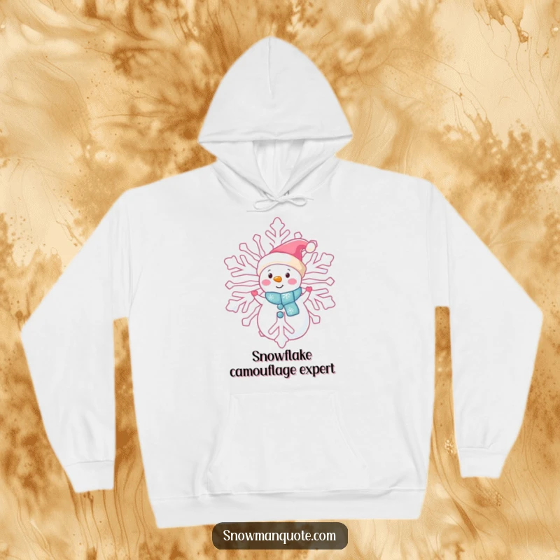 Funny snowman hoodie, peeking from behind a giant snowflake, cozy and mysterious winter apparel, great gift.