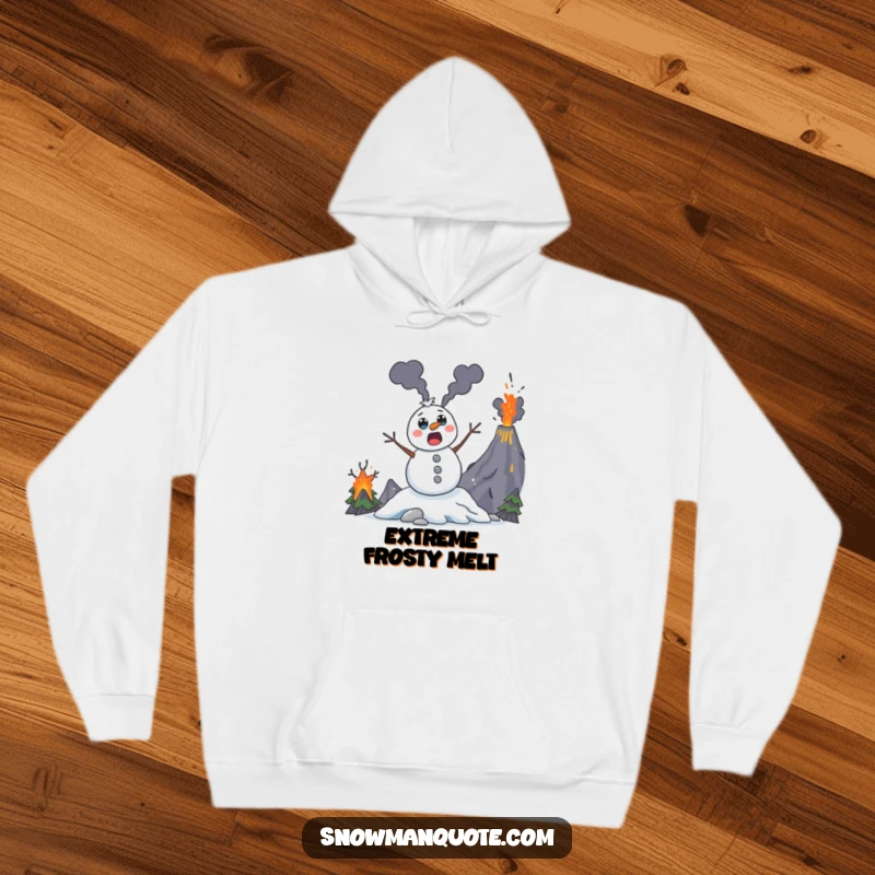 Funny snowman hoodie, a surprised character with coal eyes escaping an erupting volcano, perfect for adventurous laughs.