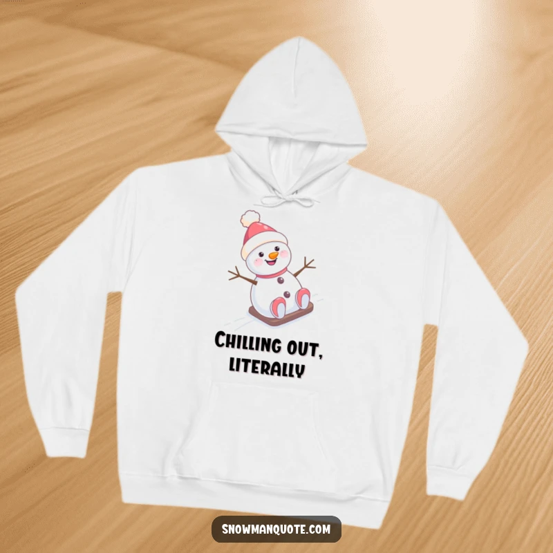 Funny Hoodie: A delighted snowman with a jaunty hat speeding down a snowy hill, embodying winter's most exhilarating moments.