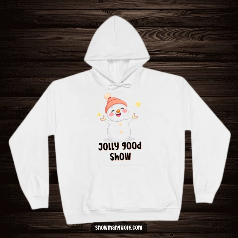 Funny snowman hoodie showing a happy snowman juggling glowing snowflakes, its carrot nose adding a whimsical touch to the design.