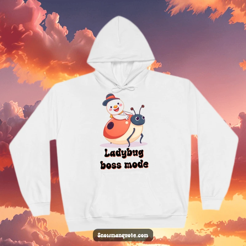 Funny snowman hoodie, featuring a jolly character on a giant, surprised ladybug, perfect for cozy, happy moments.