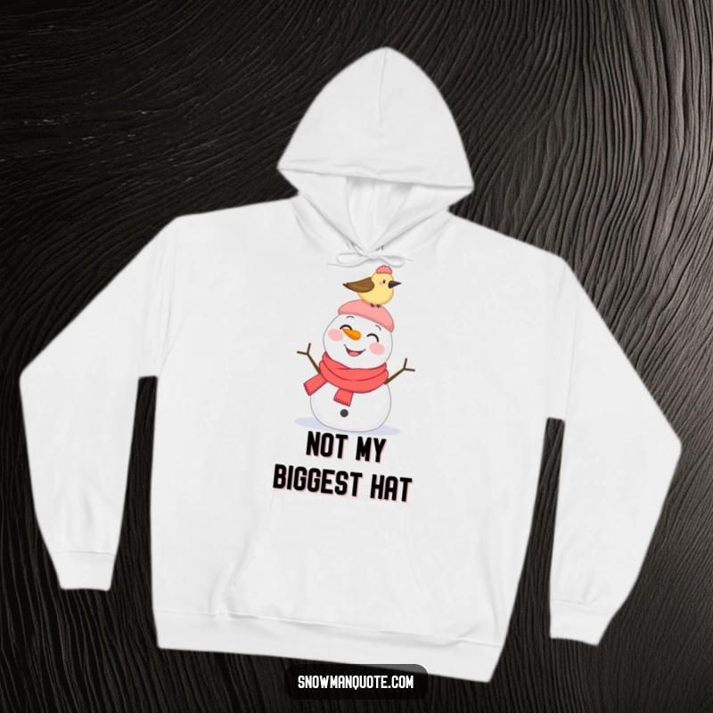 Funny Hoodie: A smiling snowman appears surprised as a small bird pecks its hat, creating a whimsical and humorous winter scene.