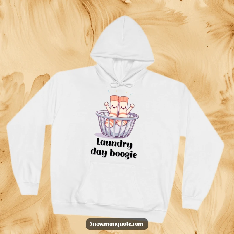 Funny sentient socks enthusiastically dancing in a laundry basket, a cozy hoodie perfect for embracing playful laundry moments.