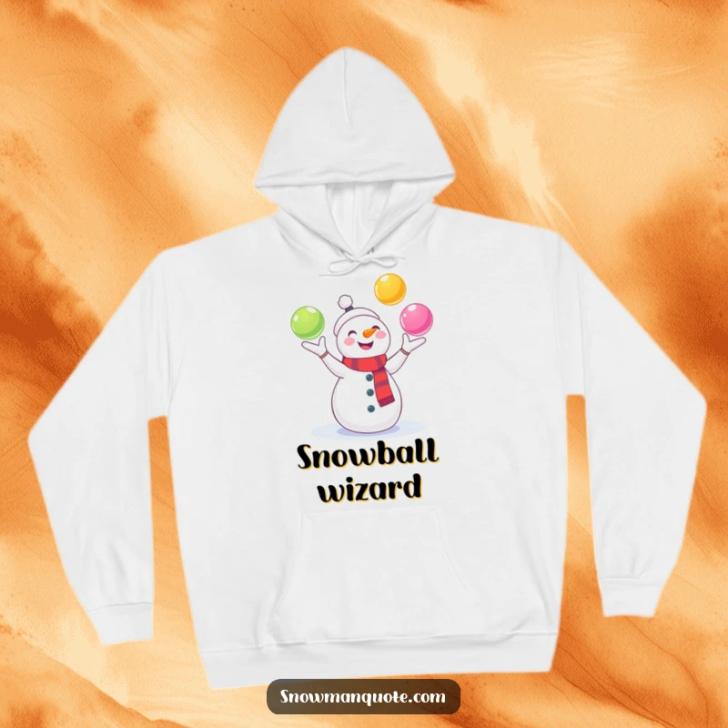Funny Snowman Hoodie: A cheerful snowman gleefully juggles colorful snowballs, offering warmth and a touch of playful humor. Comfortable and fun apparel.