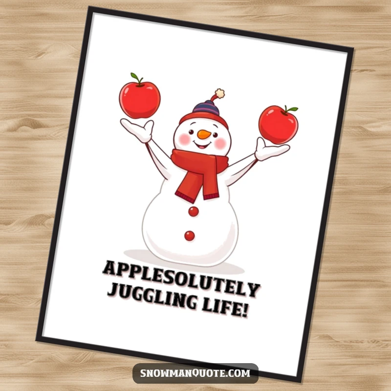 Funny Free Printable Wall Art showcasing a snowman performing an impressive juggling act with three bright red apples, a delightful scene.