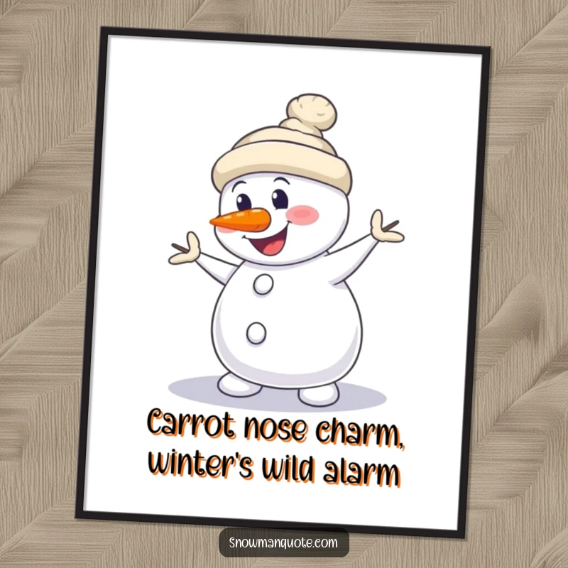Funny Free Printable Wall Art: Snowman doing a silly dance, carrot nose askew, cheerful winter decoration.