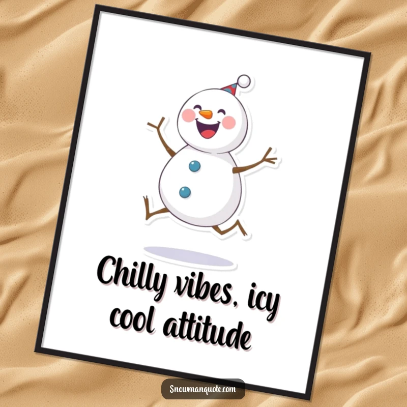 Funny Free Printable Wall Art: Cheerful snowman doing a joyful leg kick, whimsical downloadable decor with twig legs.