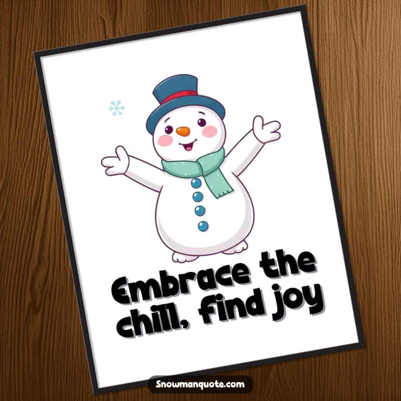 Funny Free Printable Wall Art: A snowman with arms outstretched, gently embracing a single falling snowflake.