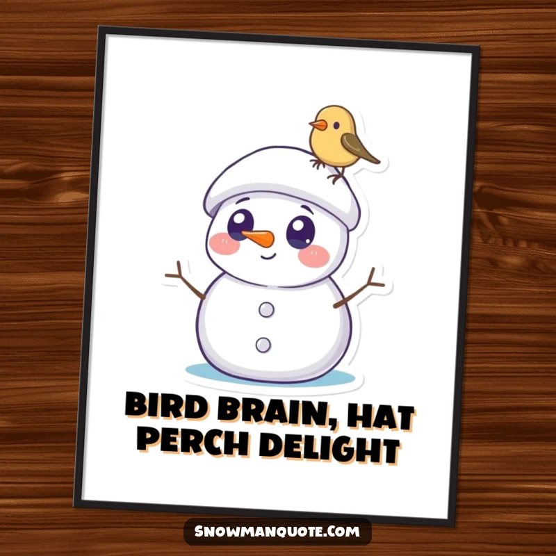 Funny Free Printable Snowman Wall Art: Snowman with round eyes surprised by tiny bird on hat, whimsical winter art