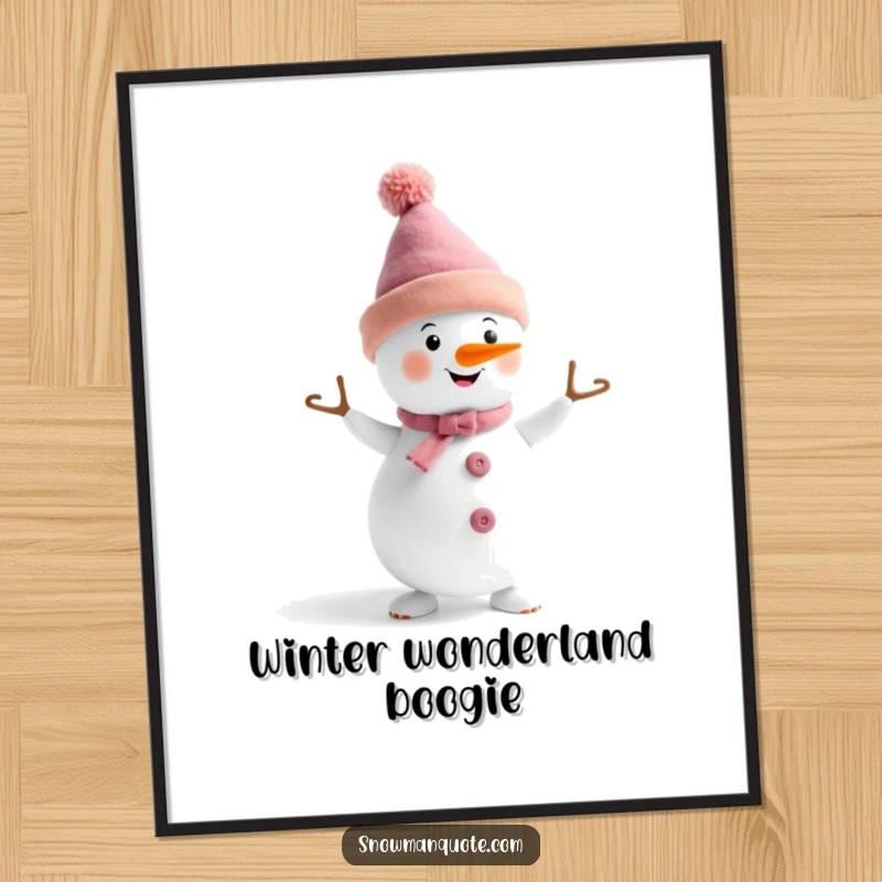 Funny Free Printable Wall Art: A snowman wearing a funny hat doing a little happy dance energetically.