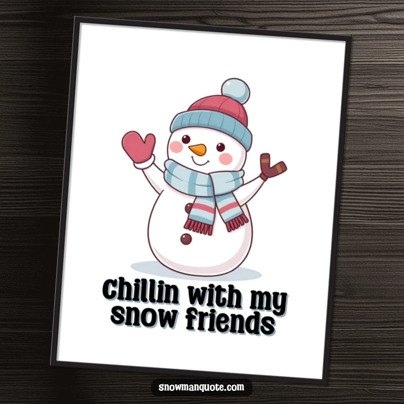 Funny Free Printable Wall Art of a cheerful snowman wearing a jaunty scarf, waving hello with a cool, friendly vibe.