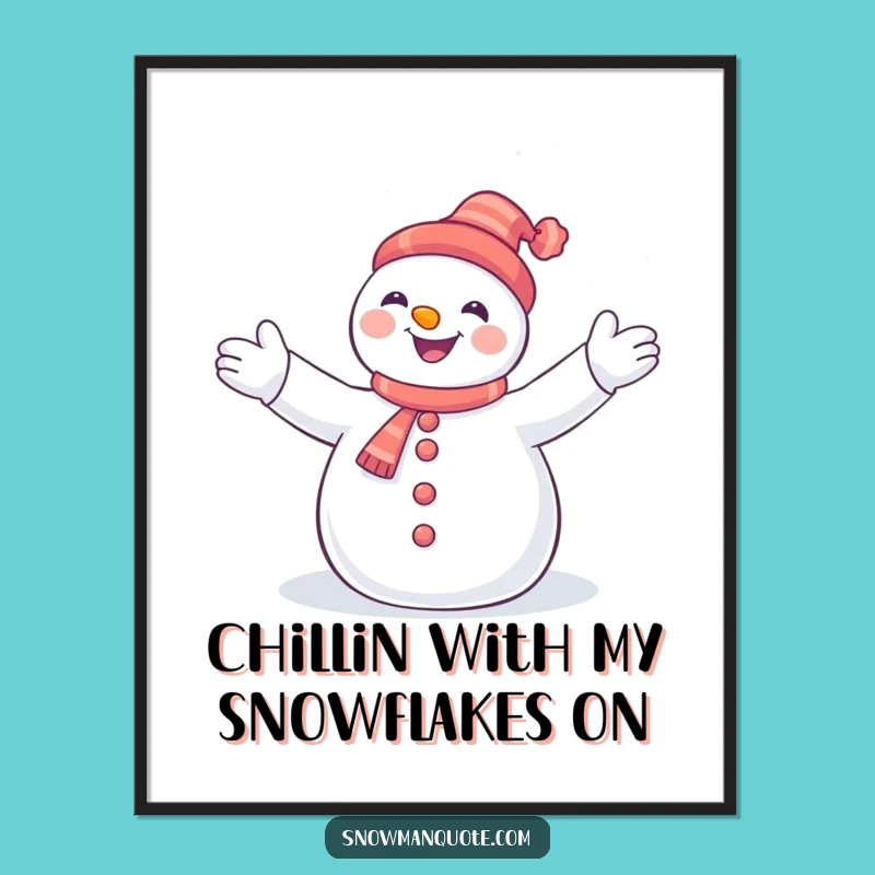 Funny Free Printable Wall Art: Joyful Snowman Embracing Snowflakes - Winter Downloadable Decor