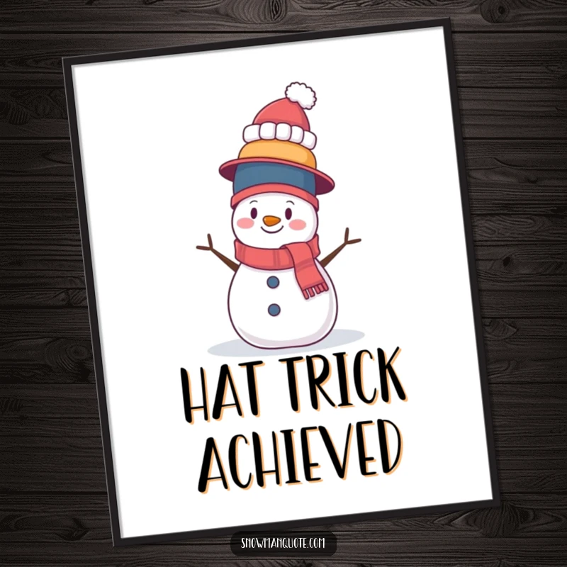 Funny Free Printable Wall Art: A comical snowman wobbling dramatically while balancing an absurdly tall stack of hats, a delightful visual gag.