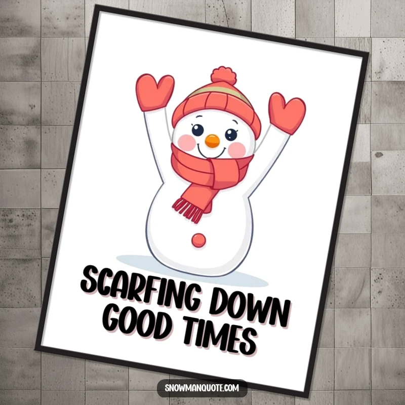 Funny Free Printable Wall Art: A cheerful snowman joyfully holds a colorful scarf aloft, radiating winter happiness and artistic flair.