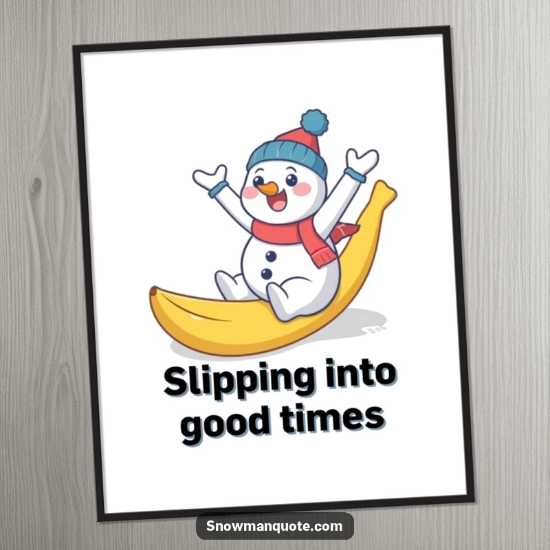 Funny Free Printable Wall Art: A snowman comically slipping on a banana peel with arms flailing everywhere.