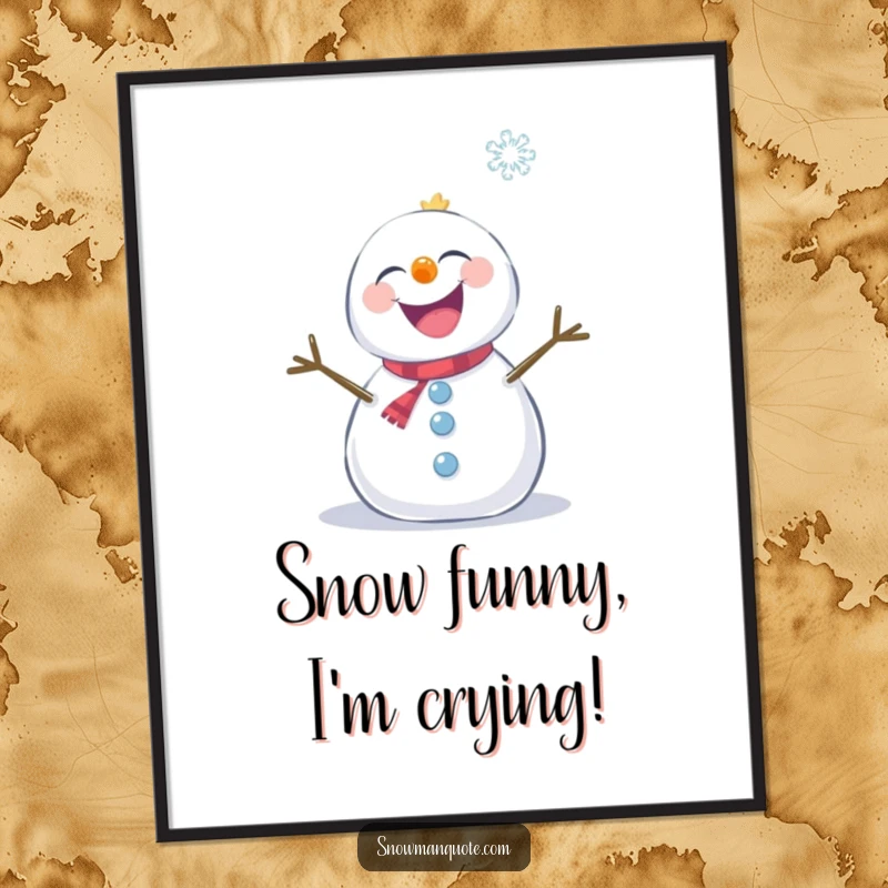 Funny Free Printable Wall Art capturing a snowman in fits of giggles, being playfully tickled by a soft falling snowflake.