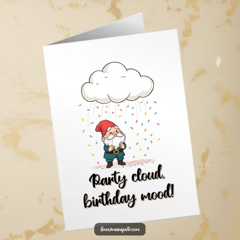 Funny Free Printable Birthday Card: Playful cloud raining colorful confetti onto a bewildered garden gnome celebrating.