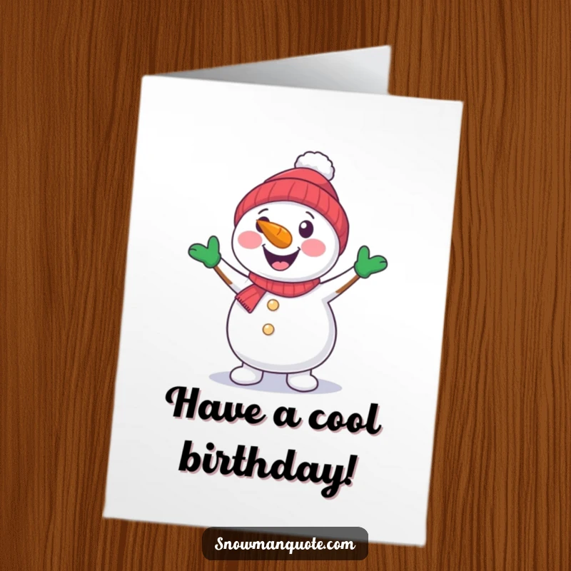 Funny Free Printable Birthday Card: Cheerful snowman with carrot nose, joyfully dancing with arms outstretched, spreading birthday cheer.