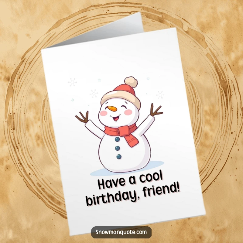 Funny free printable birthday card: A happy snowman with twig arms waving merrily at delicate falling snowflakes.