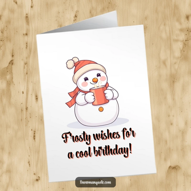 Funny Free Printable Birthday Card: Smiling snowman with a steaming mug, ready to send warm wishes and holiday cheer.