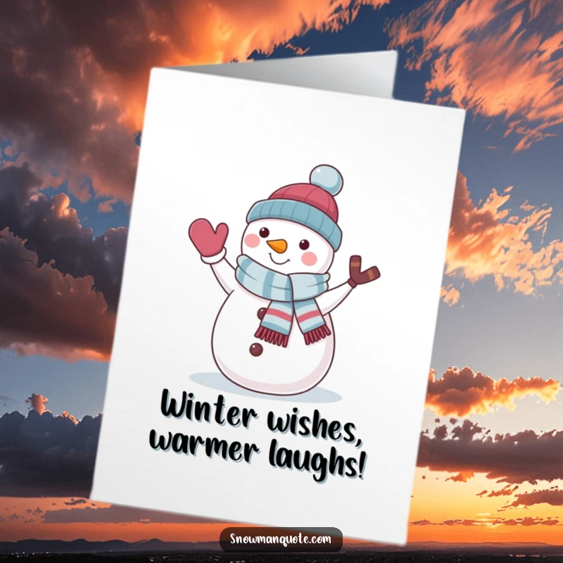 Funny Free Printable Birthday Card featuring a cheerful snowman in a jaunty scarf waving hello, ready for a cool celebration.
