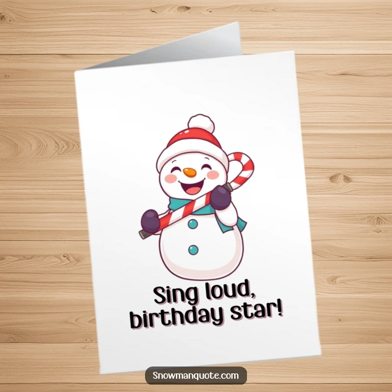 Funny Free Printable Birthday Card: Cheerful snowman holds a candy cane like a microphone, ready to belt out a birthday tune. Downloadable.