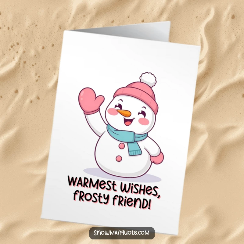Funny Free Printable Birthday Card: An enthusiastic snowman waves a large mitten-clad hand, sending warm greetings and birthday cheer.