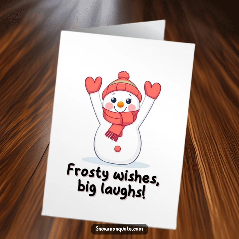 Funny Free Printable Birthday Card featuring a joyful snowman triumphantly holding a vibrant scarf high, ready for winter fun.