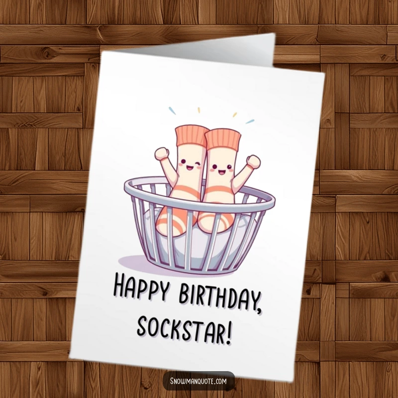 Funny Free Printable Birthday Card: Sentient socks enthusiastically dancing in a laundry basket for a birthday party.
