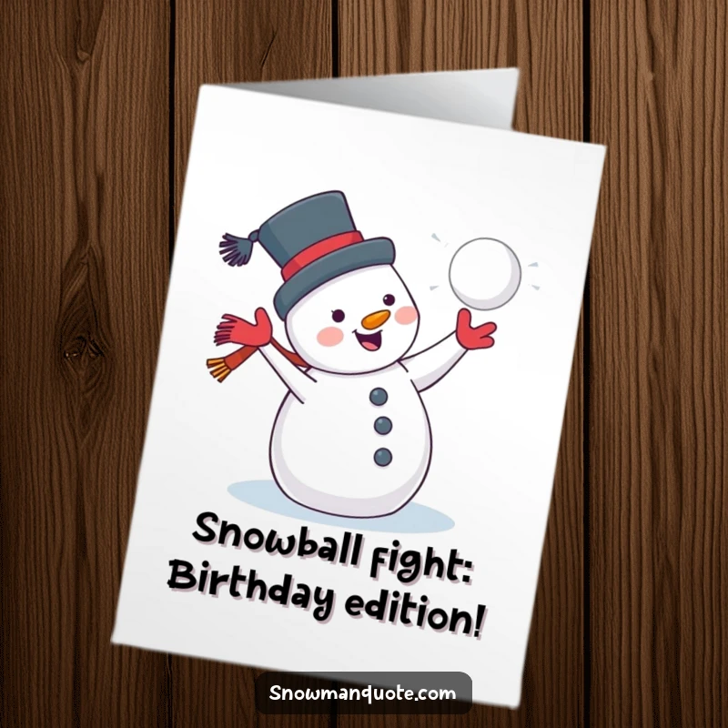 Funny Free Printable Birthday Card: A jolly snowman with a big grin throwing a snowball playfully.